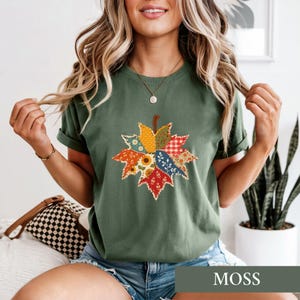 Patchwork Fall Leaf Shirt, Cottagecore Autumn Tee, Rustic Quilted Foliage Tshirt, Cozy Harvest Gift
