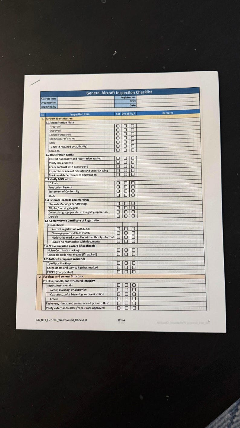 Aircraft General Visual Inspection Checklist - Etsy