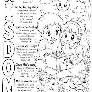 Puede incluir: Una página para colorear en blanco y negro titulada WISDOM que muestra a un niño y una niña leyendo una Santa Biblia al aire libre. La página incluye versículos bíblicos, un sol sonriente, flores, un árbol y un pequeño personaje brote.