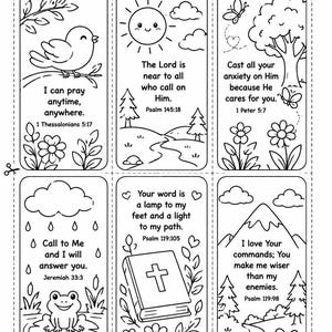 May include: A printable sheet of six black and white bookmarks titled Prayer Bookmarks. Each bookmark features line art illustrations of nature, animals, or a Bible, paired with specific scripture verses like Psalm 145:18 and 1 Peter 5:7.