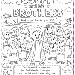 以下が含まれることがあります： JOSEPH and his BROTHERS、God has a plan for your life!、創世記50章20節の引用文が書かれた白黒の塗り絵ページ。中央に両手を広げた人物が描かれ、その周囲を11人の人物が囲んでいる様子が示されている。