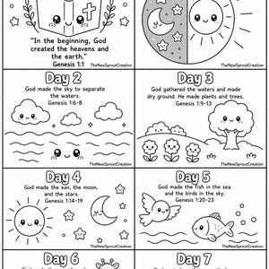 Skapelseberättelsen målarbild | Första Moseboken Bibelaktivitet | Kawaii-stil (digital nedladdning)