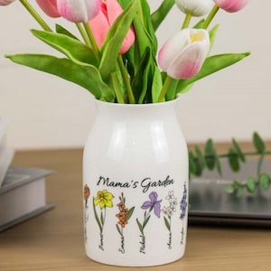 Personalisierte Omas Gartenblumenvase, kundenspezifische Enkelkinder, Muttertagsgeschenke für Oma Mama Nana, Mamas Garten, kundenspezifische Blumen und Namen