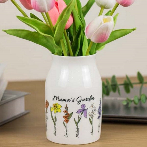 Personalisierte Omas Gartenblumenvase, kundenspezifische Enkelkinder, Muttertagsgeschenke für Oma Mama Nana, Mamas Garten, kundenspezifische Blumen und Namen