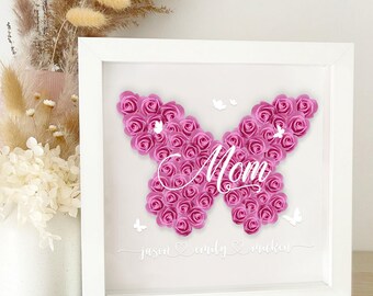 Personalized Flower Butterfly Shadow Box for Mom, Roses Shadowbox with Names, Custom Frame Gift for Mother's Day, Gift for Grandma Nana