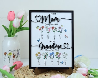 Grandma's Wooden Sign With Birth Flowers, Custom Birth Month Flowers, Personalized First Mom Now Grandma, Mother's Day Gift, Grandma's Gif