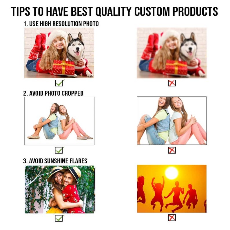 May include: Tips for creating high-quality custom products.  Use high-resolution photos, avoid cropped photos, and avoid photos with sunshine flares.
