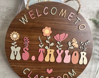 Personalized Teacher Name Sign with Flowers, Classroom Door Hanger, Back to School Gift, Teacher Welcome Sign, Custom Classroom Decor