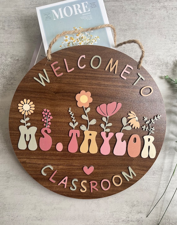 Personalized Teacher Name Sign with Flowers, Classroom Door Hanger, Back to School Gift, Teacher Welcome Sign, Custom Classroom Decor