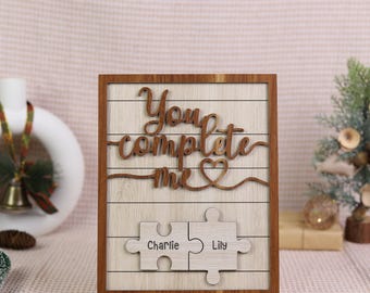 You Complete Me Personalized Wood Sign, Custom Couples Gift, Puzzle Piece Art with Names, Anniversary Gift for Couples, Wooden Home Decor