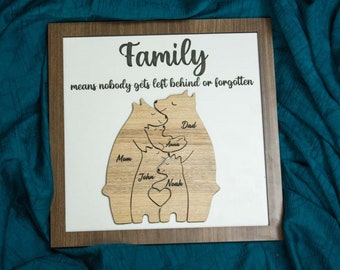 Letrero familiar de osos personalizado, letrero familiar de madera con nombres personalizados, recuerdo de apellido, decoración de inauguración de la casa, regalo para el Día del Padre o la Madre