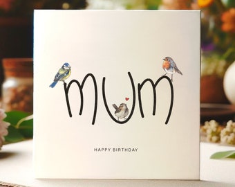 Personalised Mum Card with Watercolour Birds - Custom Mum Birthday Day Card featuring Blue Tit, Robin, Wren Design - For Garden Bird Lovers