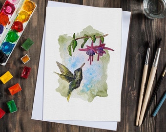 Hummingbird Watercolour Splash Art Print, Original Hummingbird Painting, Garden Bird Wall Art, Home Decor, Fine Art Print