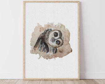 Impresión de arte de salpicaduras de acuarela de búho granero, arte de pared de animales del bosque, ilustración de la naturaleza de la vida silvestre, regalo de inauguración de la casa