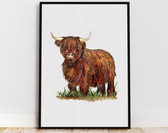 Impresión de arte de acuarela de vaca de las tierras altas, impresión de ganado de las tierras altas escocesas, decoración del hogar, arte de la pared de la guardería, impresión de bellas artes, regalo del día de la madre