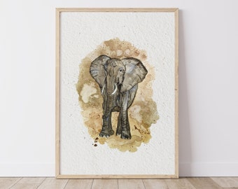 Elephant Watercolour Splash Art Print, Original Elephant Painting, Safari Animal Wall Art, Wildlife Nature Illustration, Housewarming Gift