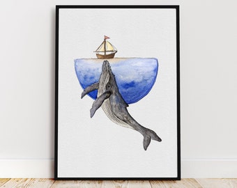 ORIGINAL Whale Watercolour Painting - Nautical Wall Art - Boat and Ocean Scene - Unique Home Decor - Handmade Artwork