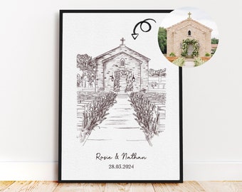 Personalisierte Hochzeitsort-Skizze | Individuelle Illustration vom Foto mit Namen und Datum | Einzigartige Hochzeitsgeschenkidee | Jubiläumsgeschenk