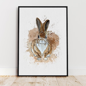 Bunny Rabbit Watercolour Splash Art Print, Original Rabbit Painting, Woodland Animal Wall Art, Home Decor, Fine Art Print
