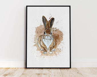 Bunny Rabbit Watercolour Splash Art Print, Original Rabbit Painting, Woodland Animal Wall Art, Home Decor, Fine Art Print