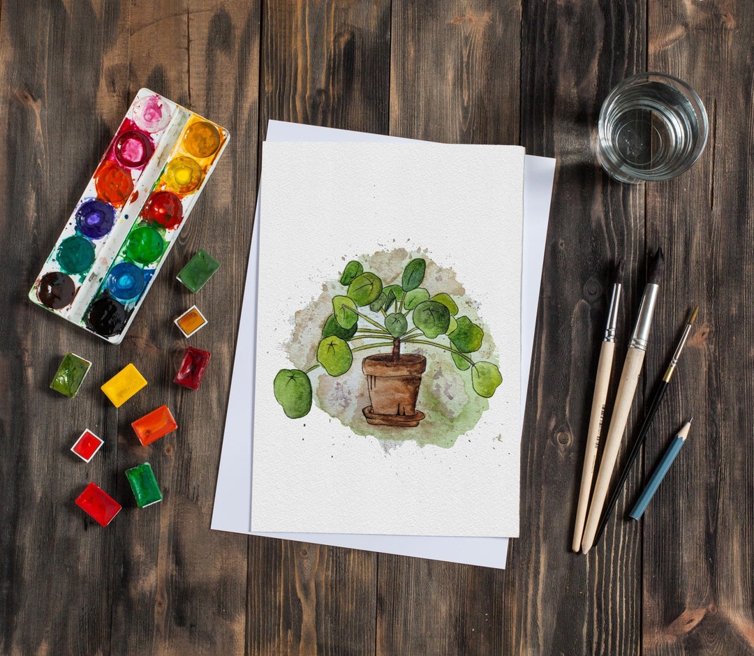Chinese Money Plant Watercolour Splash Print, Houseplant Wall Art ...