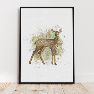 Stampa acquerello cervo, arte della parete di animali del bosco, illustrazione della natura della fauna selvatica, regalo di inaugurazione della casa