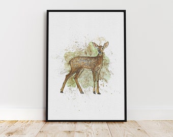 Deer Watercolour Print, Woodland Animal Wall Art, Wildlife Nature Illustration, Housewarming Gift