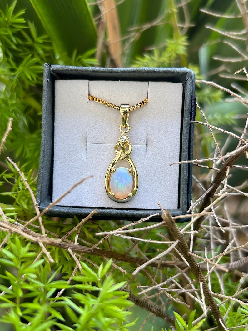 Puede incluir: Un collar con colgante de oro con una piedra preciosa de &oacute;palo ovalada. El &oacute;palo est&aacute; engastado en un marco de oro y cuelga de una fina cadena de oro. El colgante se muestra en una caja de joyer&iacute;a negra, rodeado de vegetaci&oacute;n.