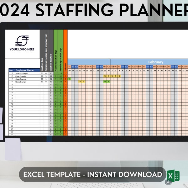 2024 Staffing planner, Shift planning Template, Excel planner 2023, Excel template for up to 30 employees, Simple Annual Staff Planner