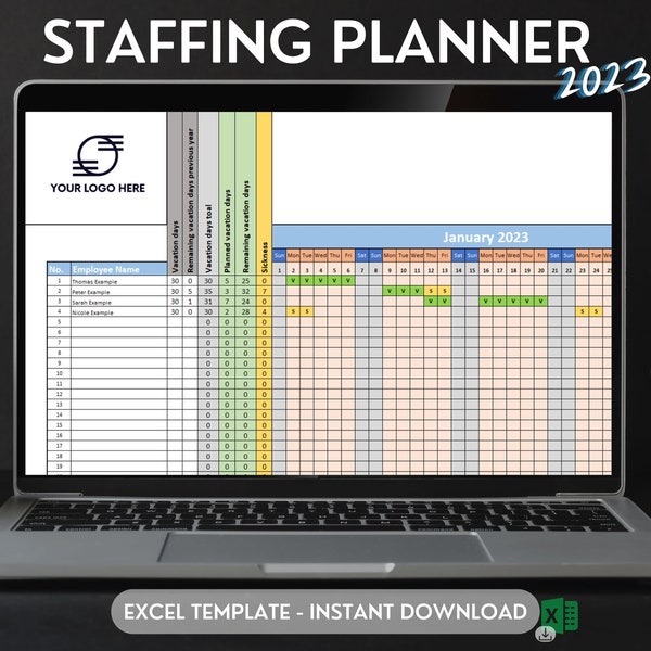 Staffing planner 2023, Shift planning Template, Excel planner 2023, Excel template for up to 30 employees, Simple Annual Staff Planner