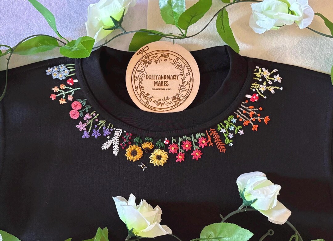 Hand Embroidered Floral Neckline Sweatshirt | Custom Women's Apparel - Etsy