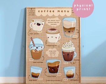 Coffee Menu ~ Cute Handmade Wall Prints | Kawaii Art Prints | Prints for Framing | Art Print Set | Small Art Print | Funny Prints