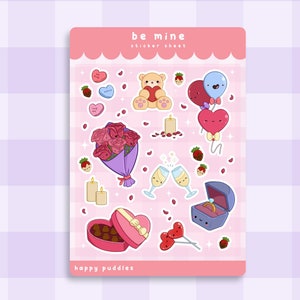 Be Mine-stickervel ~ Leuk handgemaakt glanzend stickervel | Schattige vinylstickers | Stickers waterflessen | Kawaii Valentijnsdagcadeau