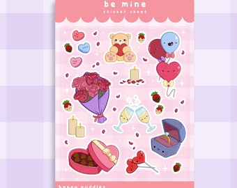 Be Mine Sticker Sheet ~ Cute Handmade Glossy Sticker Sheet | Adorable Vinyl Stickers | Water Bottle Stickers | Kawaii Valentines Day Gift