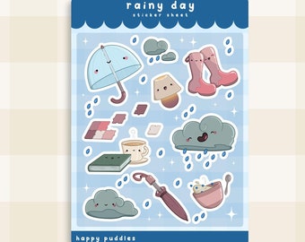 Rainy Day Sticker Sheet ~ Kawaii Handmade Glossy Sticker Sheet | Cute Vinyl Stickers | Seasons Stickers | Sticker Set | Notebook Sticker
