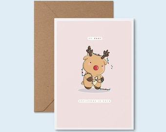 Oh Deer Christmas Is Here ~ Christmas Cards Handmade | Original Art Greeting Card | Holiday Card | Funny Card for Friend | Seasons Greetings