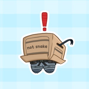 May include: A cartoon illustration of a snake's head peeking out of a cardboard box with the text "not snake" written on the box. An exclamation mark is above the box.
