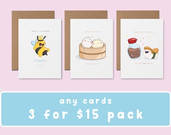 3 for 15! ~ Card Pack | Adorable Handmade Greeting Cards | Cute Card For Partner | Happy Birthday Card | Food Pun Card | Kawaii Love Card