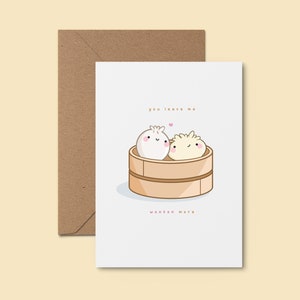 Você me deixa Wonton More ~ Cartão de amor fofo feito à mão | Cartão Kawaii Eu te amo | Cartão de trocadilho com comida | Cartão de aniversário doce | Cartão de sushi peculiar