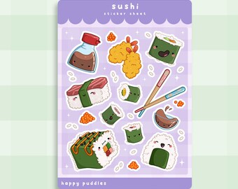 Sushi Sticker Sheet ~ Cute Handmade Glossy Sticker Sheet | Adorable Vinyl Stickers | Water Bottle Stickers | Food Stickers | Sticker Set
