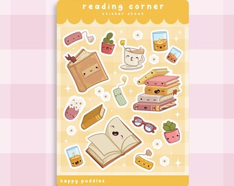 Reading Corner Sticker Sheet ~ Cute Handmade Glossy Sticker Sheet | Adorable Vinyl Stickers | Water Bottle Stickers | Gifts for Readers