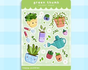 Green Thumb Sticker Sheet ~ Cute Handmade Glossy Sticker Sheet | Adorable Vinyl Stickers | Water Bottle Stickers | Plant Sticker Set