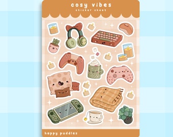 Cosy Vibes Sticker Sheet ~ Kawaii Handmade Glossy Sticker Sheet | Cute Vinyl Stickers | Food Stickers | Sticker Set | Notebook Sticker