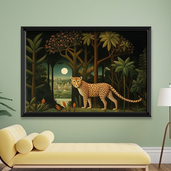 Impression d'art Henri Rousseau, art exotique, art mural imprimable inspiré de Rousseau, téléchargement numérique instantané, gros chat, peinture de la jungle, panthère lunaire
