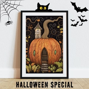 Halloween Pumpkin House Art Print, Digital Download, Whimsical Pumpkin Pixie Cottage Illustration, Printable Wall Art, Halloween Decor Gift
