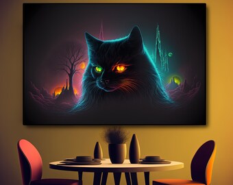 Cats Art Print, Digital Download, Spooky, Black Cat, Psychedelic, Glowing Eyes, Cat Lover, Witch, Cat Lady, Neon, Vaporwave, Synthwave