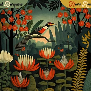 Impressão de arte de Henri Rousseau, arte exótica, arte de parede imprimível inspirada em Rousseau, download digital instantâneo, pássaro exótico, pintura de selva, tucano