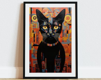 Abstract Cat Art Print, Black Cat, Instant Digital Download, Colorful Printable Wall Art, Modern Cat Art, Abstract Cat Print, Modern Design