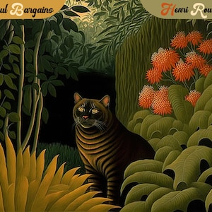 Henri Rousseau Art Print, Exotic Art, Rousseau Inspired Printable Wall Art, Instant Digital Download, Exotic Wild Cat, Jungle Painting, Lion image 1