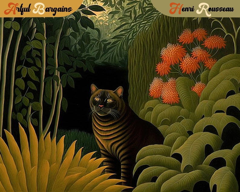 Henri Rousseau Art Print, Exotic Art, Rousseau Inspired Printable Wall Art, Instant Digital Download, Exotic Wild Cat, Jungle Painting, Lion image 1